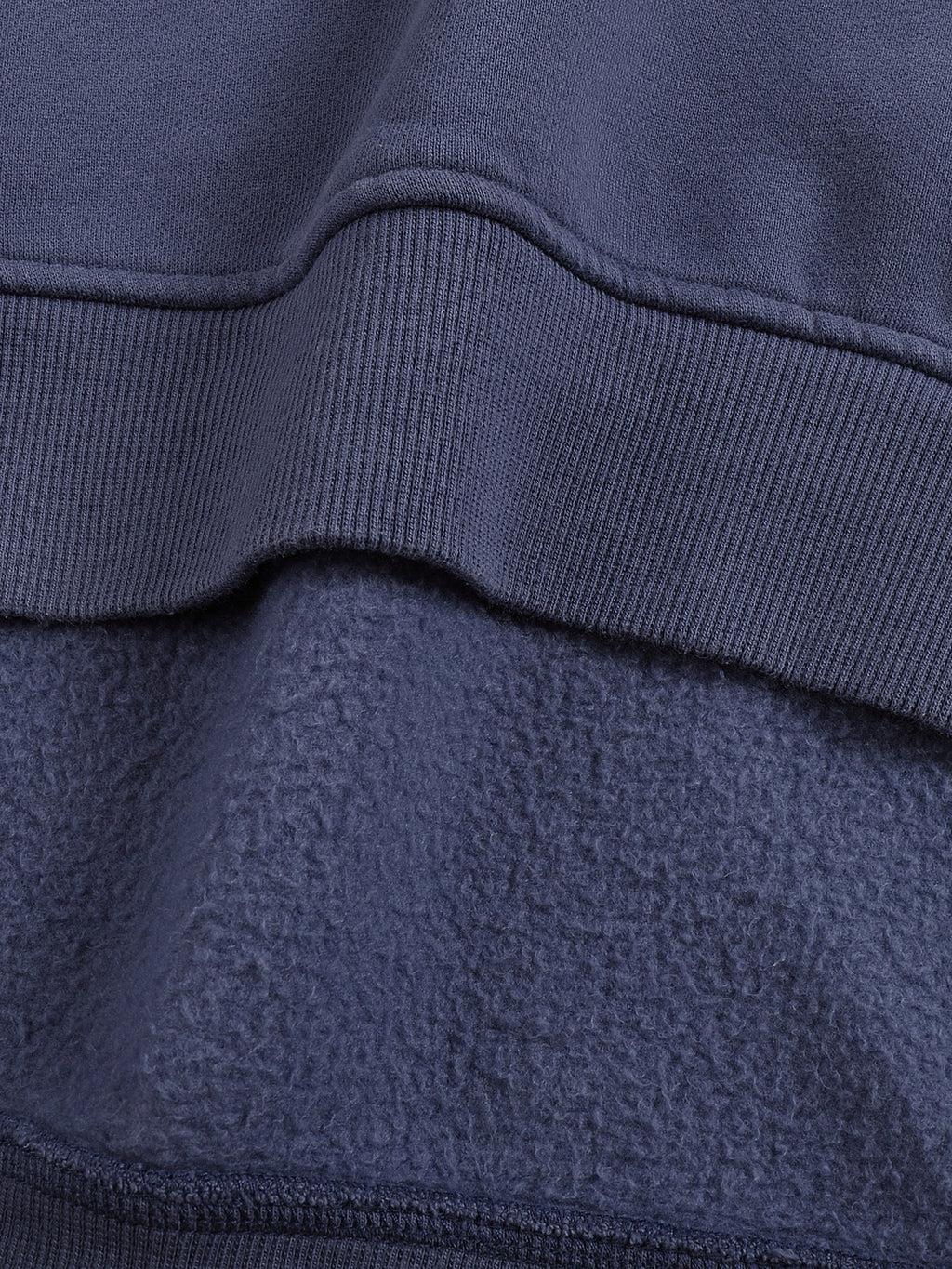 Close-up of a navy blue fleece fabric with ribbed texture.