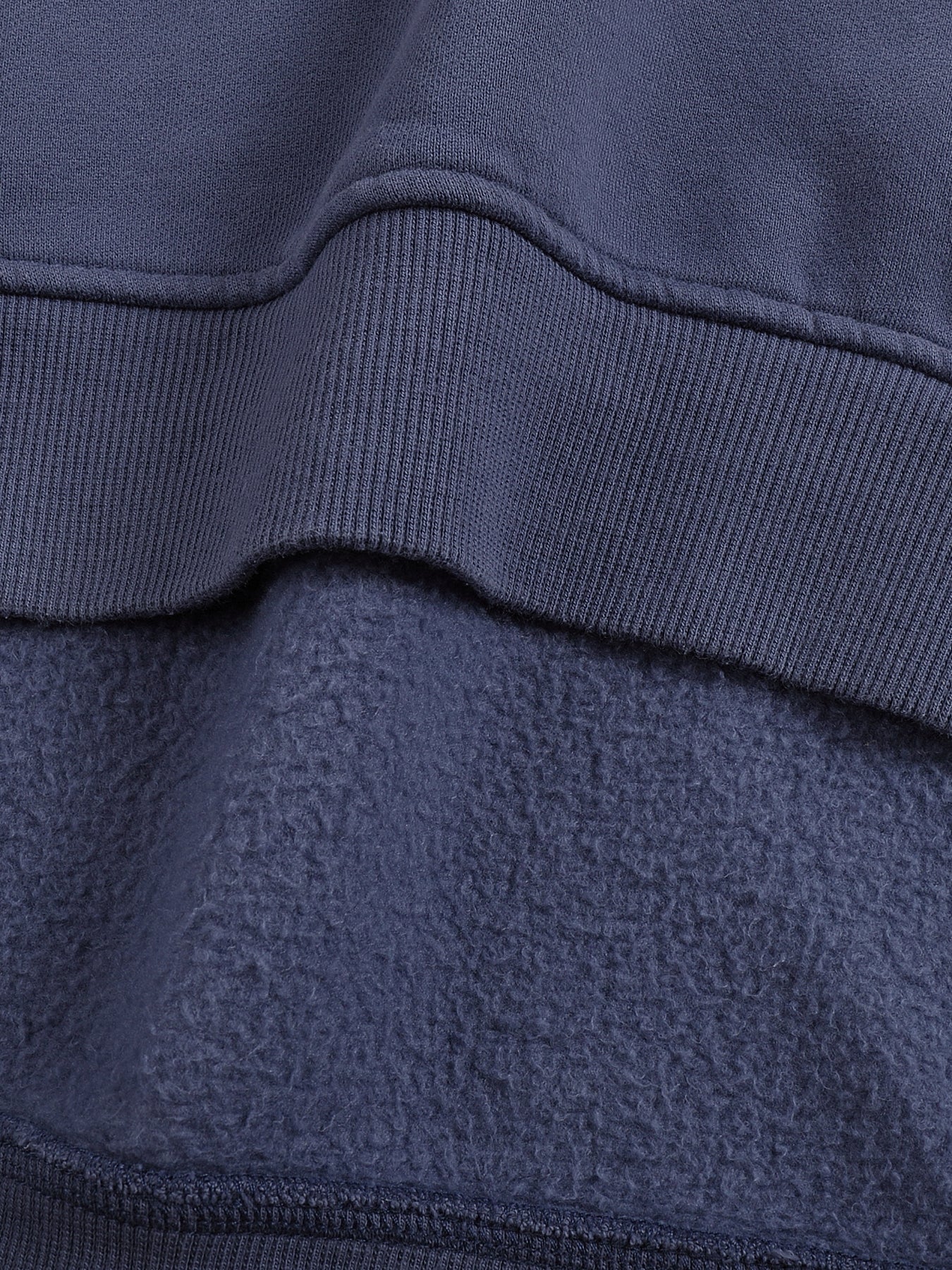 Close-up of a navy blue fleece fabric with ribbed texture.
