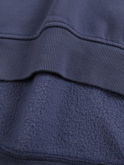 Close-up of a navy blue fleece fabric with ribbed texture.
