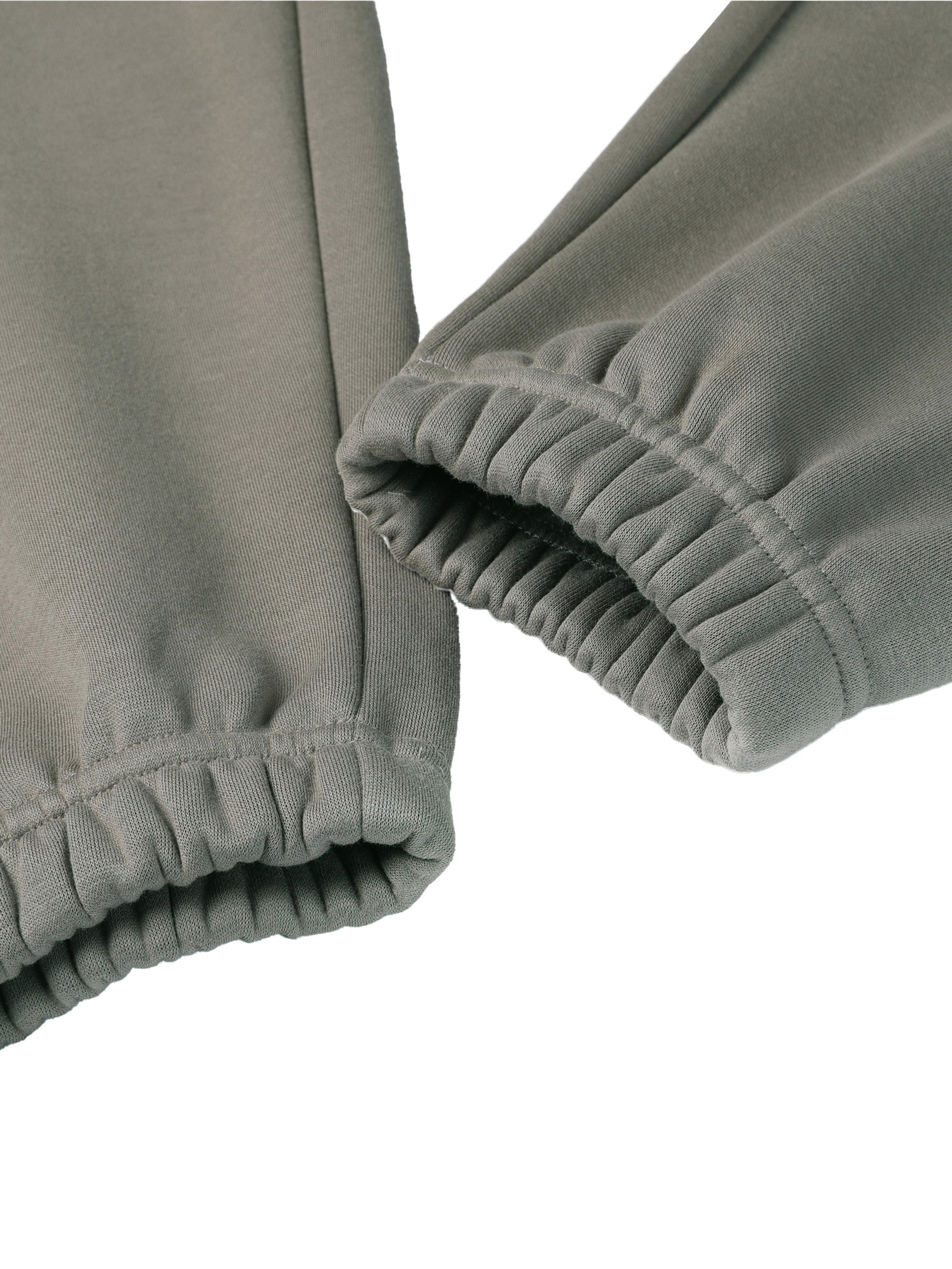 Close-up of gray sweatpants with a focus on the waistband and fabric texture.