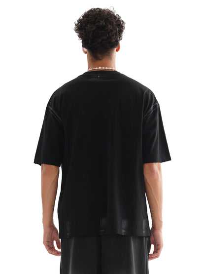 Model wearing VÉRON Le Prince Noir black streetwear tee 3