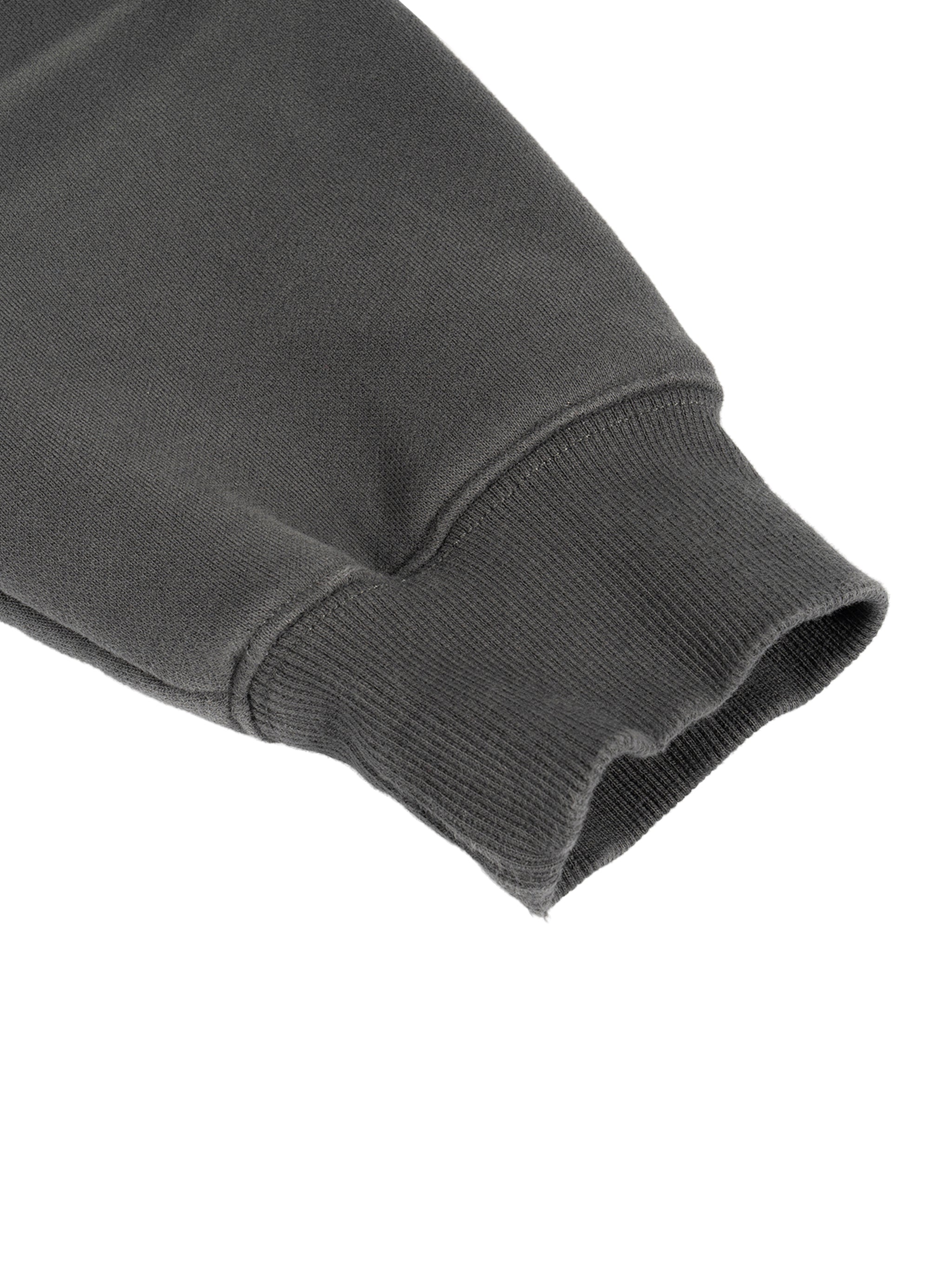 Close-up of a dark gray sweatshirt sleeve on a white background