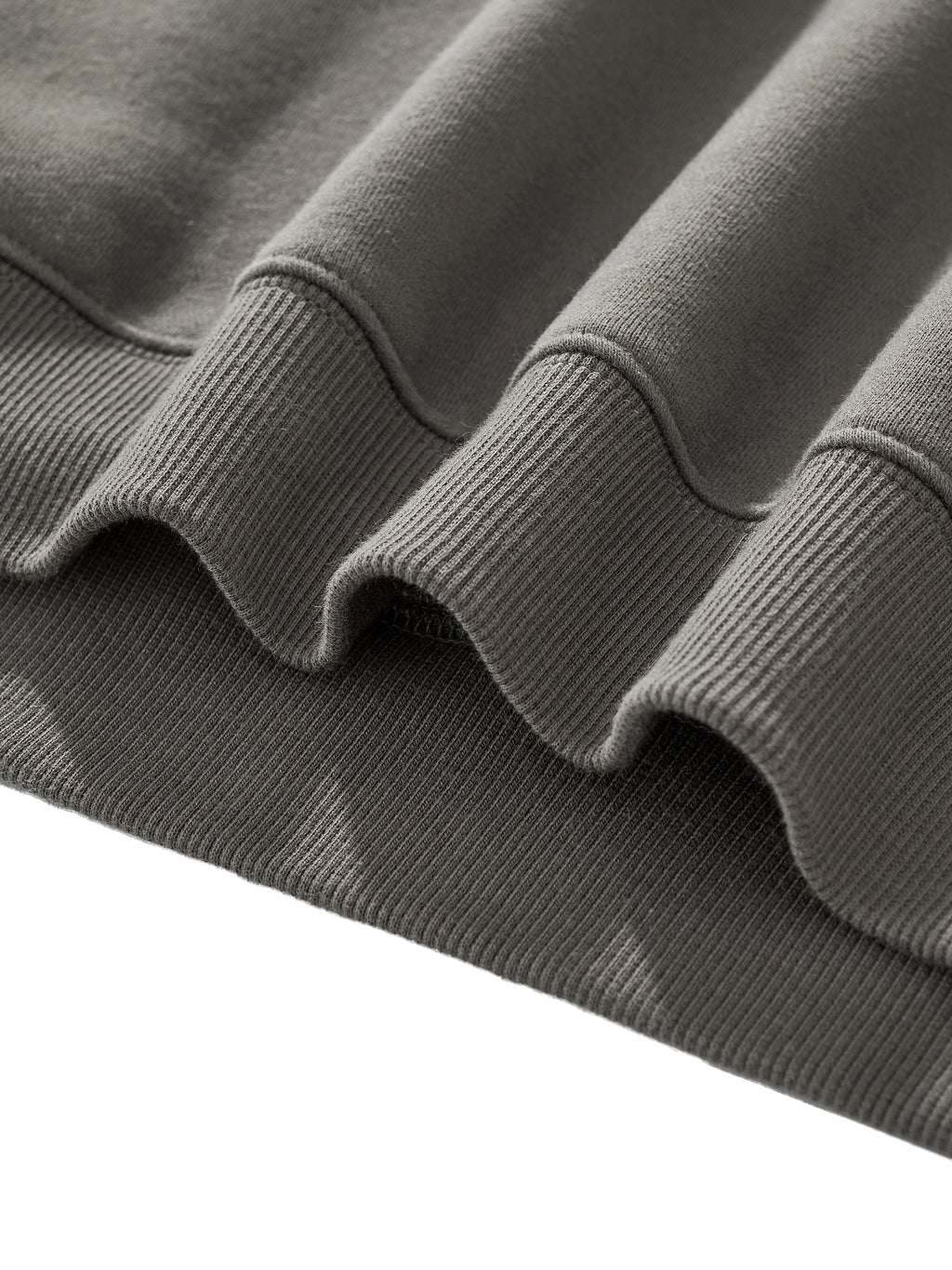 Close-up of a gray sweater with ribbed cuffs and hem on a white background