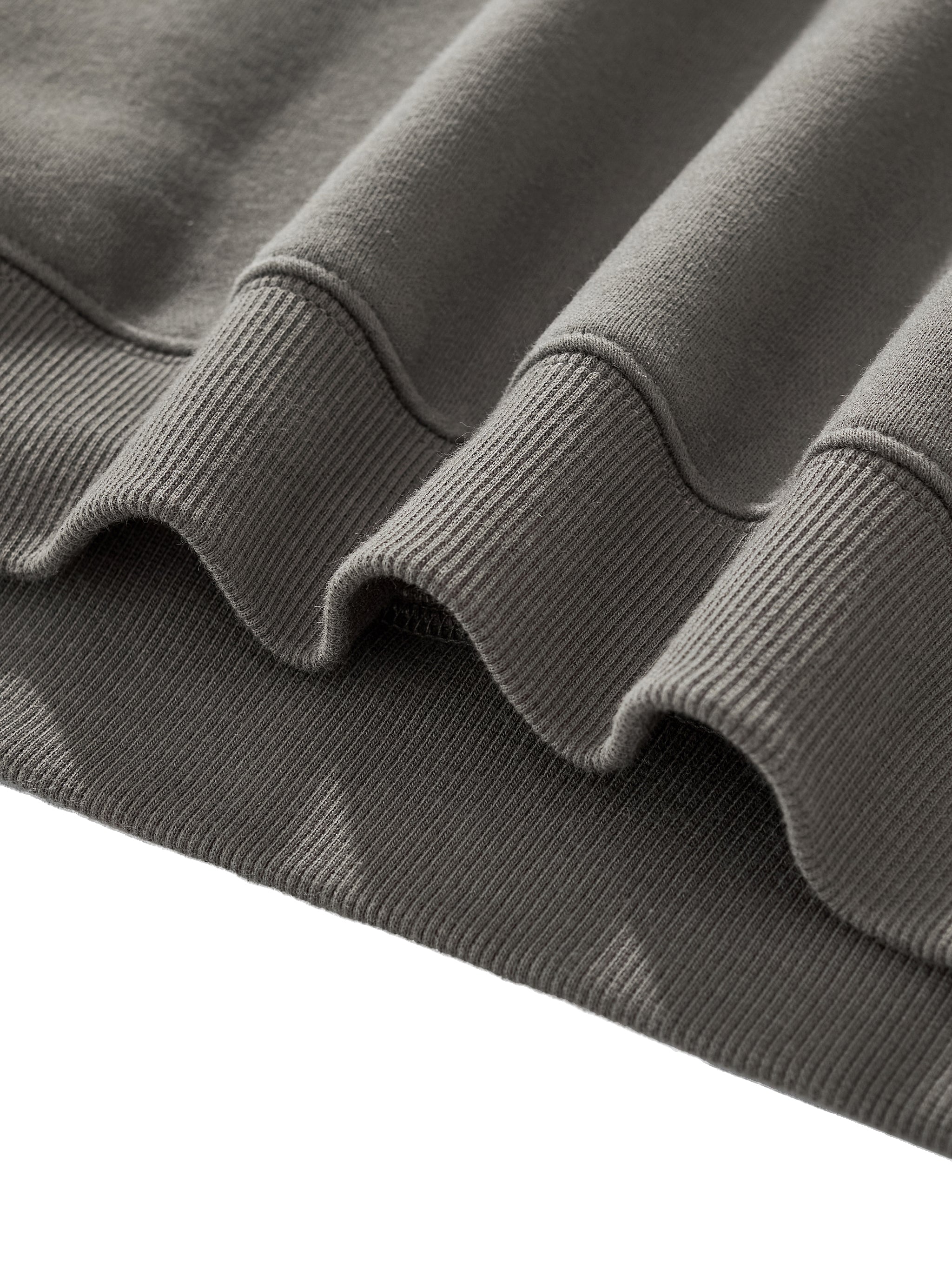 Close-up of a gray sweater with ribbed cuffs and hem on a white background