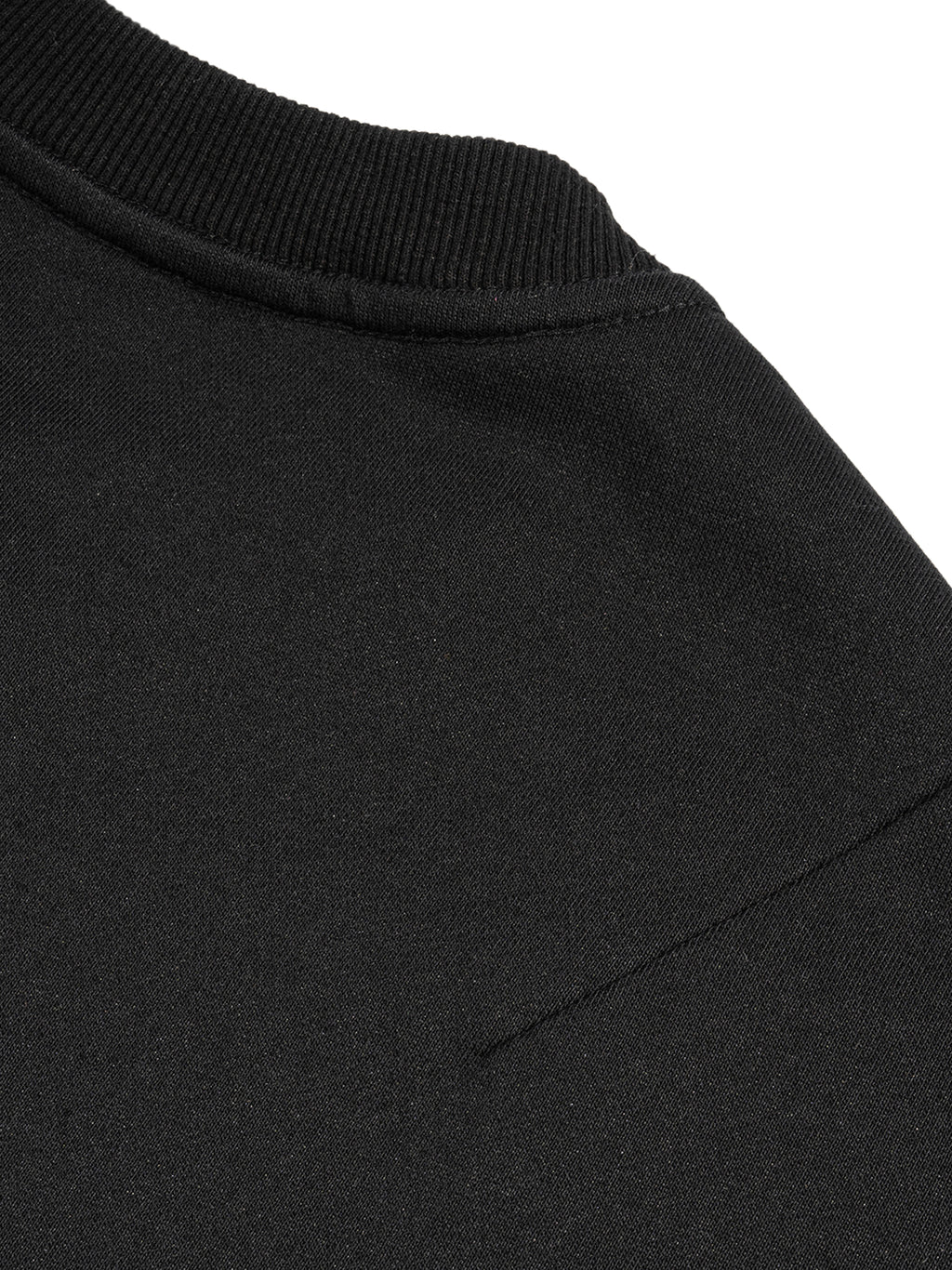 Close-up of a black sweatshirt collar and sleeve on a white background
