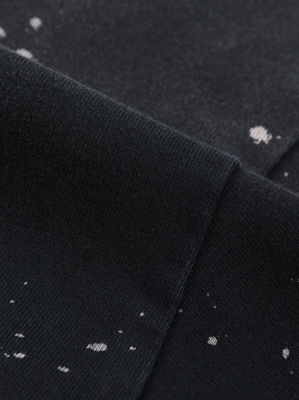 Close-up of black fabric with white speckles, possibly a shirt or sweater.