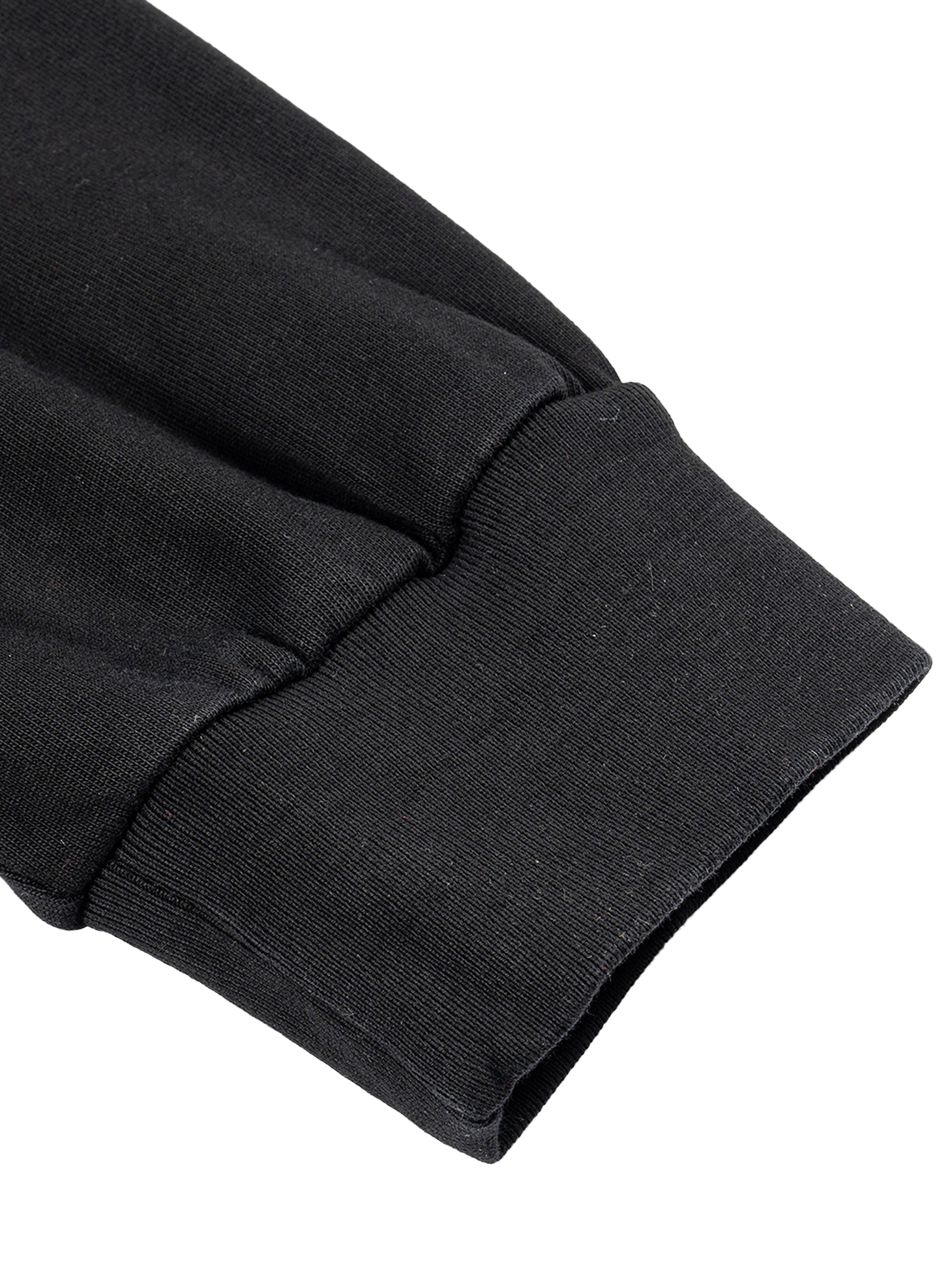 Close-up of a black sweatshirt sleeve on a white background