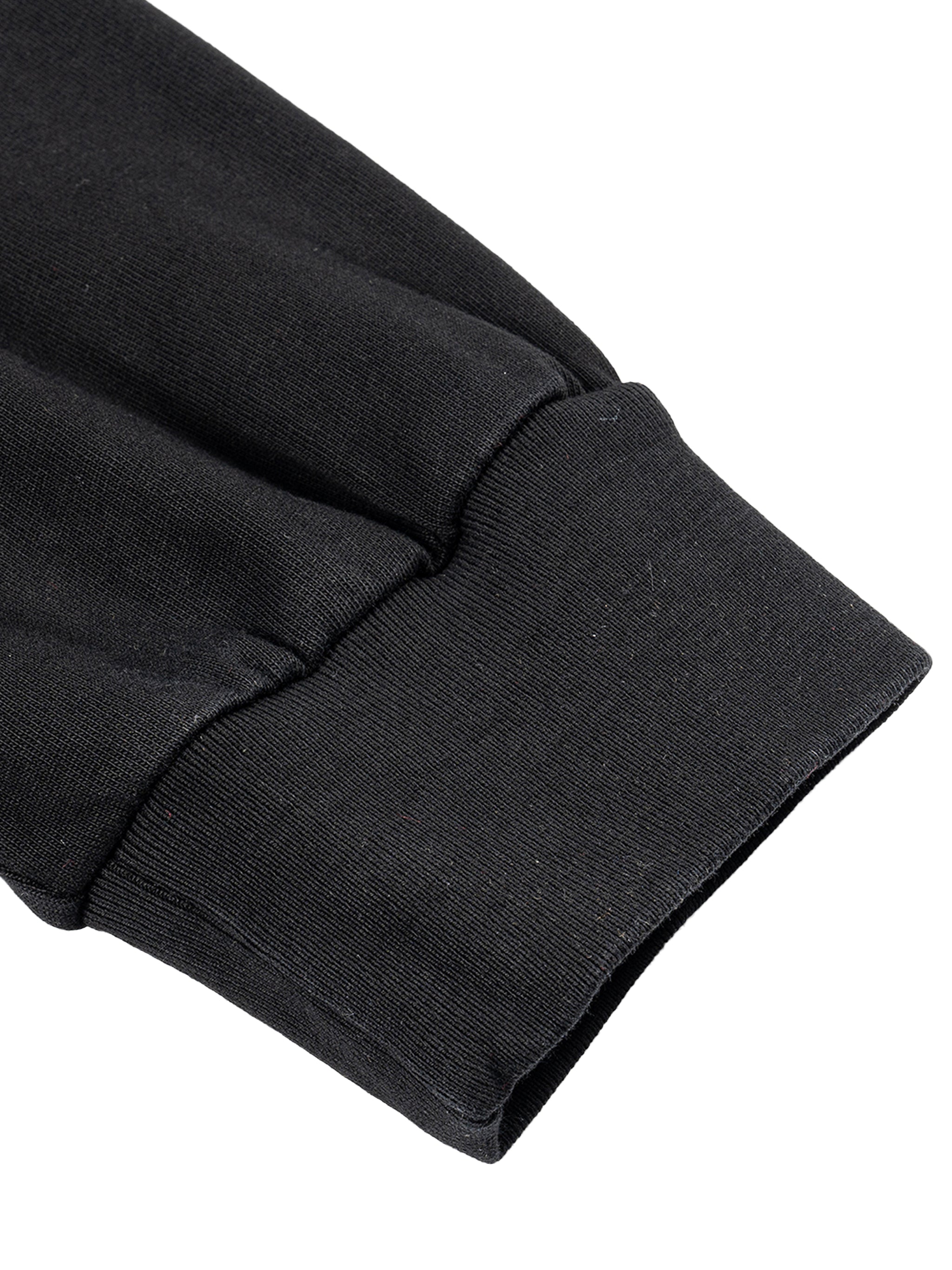 Close-up of a black sweatshirt sleeve on a white background