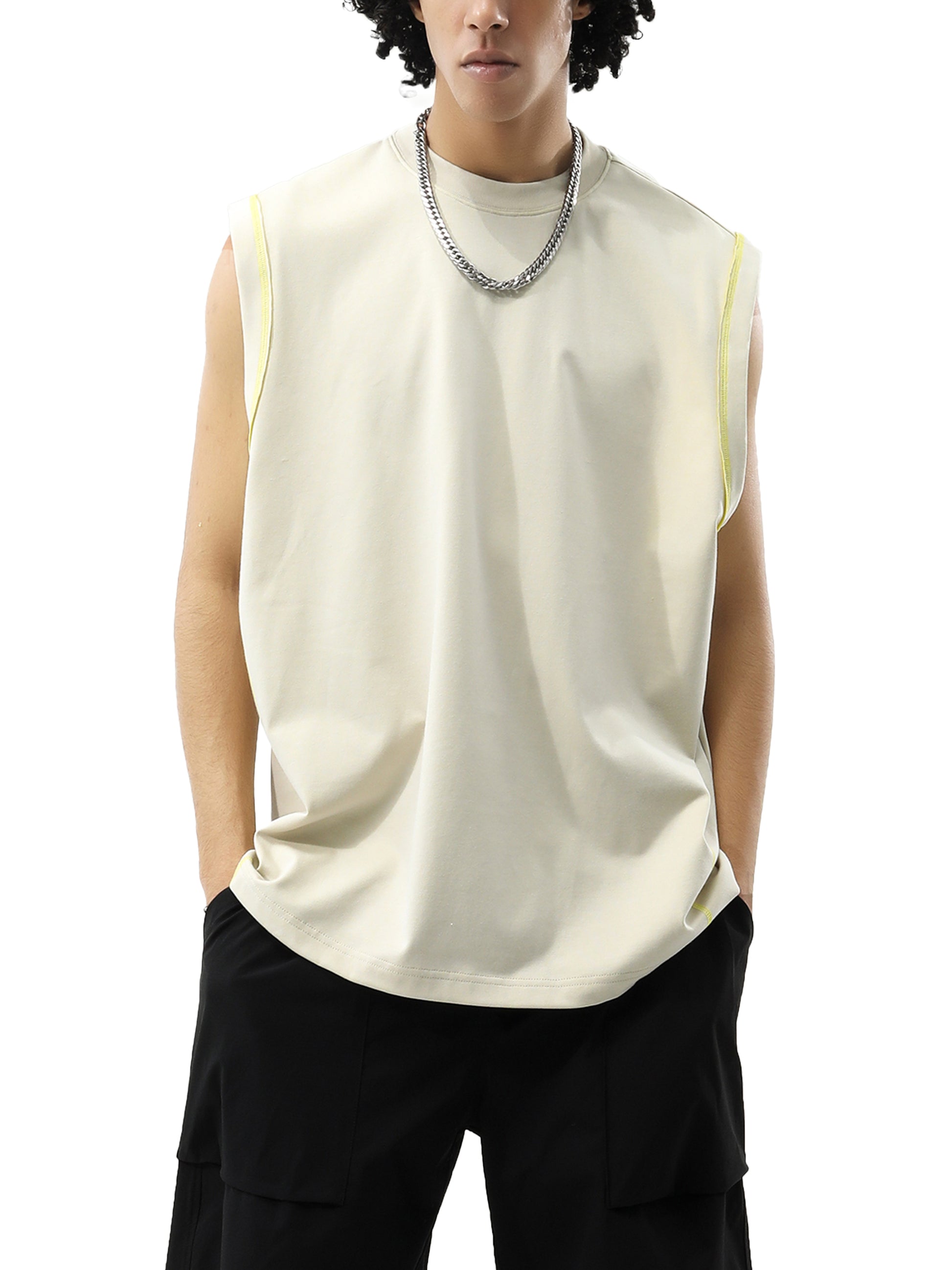 Model wearing VÉRON La Fille designer tank top streetwear outfit 1