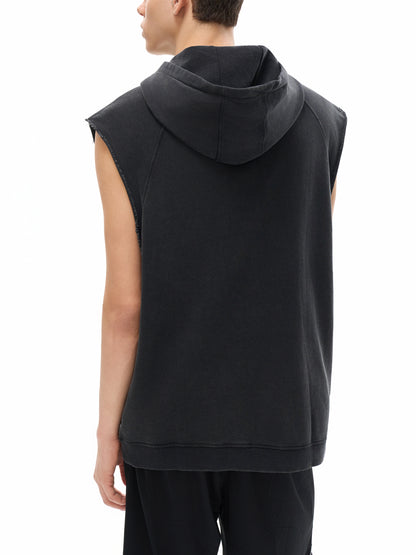 Black sleeveless hoodie worn by a person on a white background