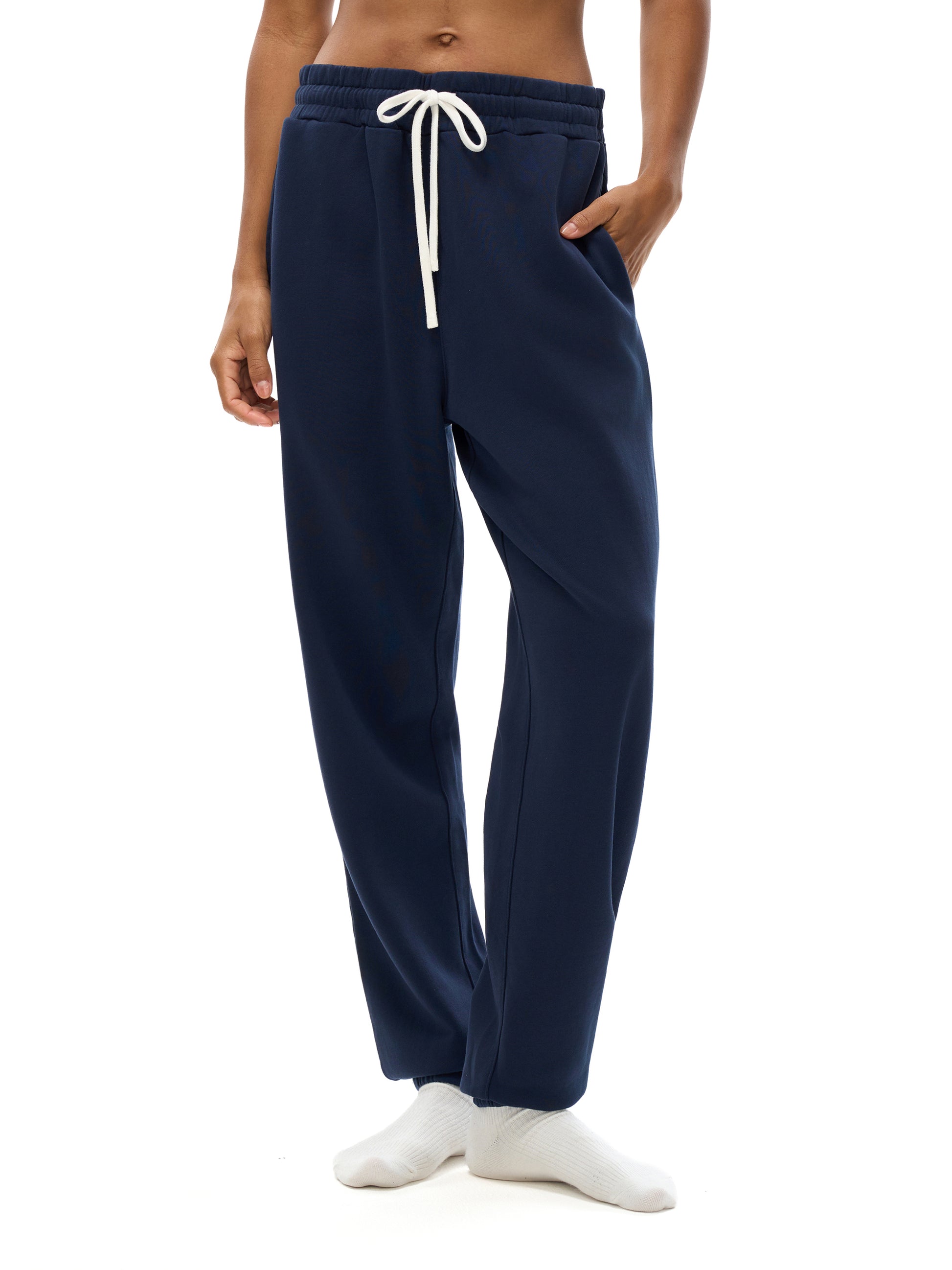 VERON Navy blue sweatpants with a white drawstring on a white background