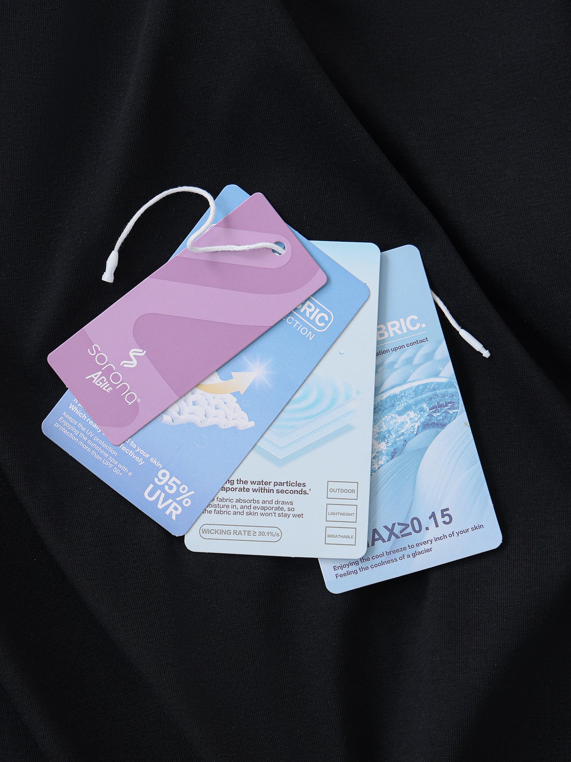 Set of three fabric swatches with text on a black background