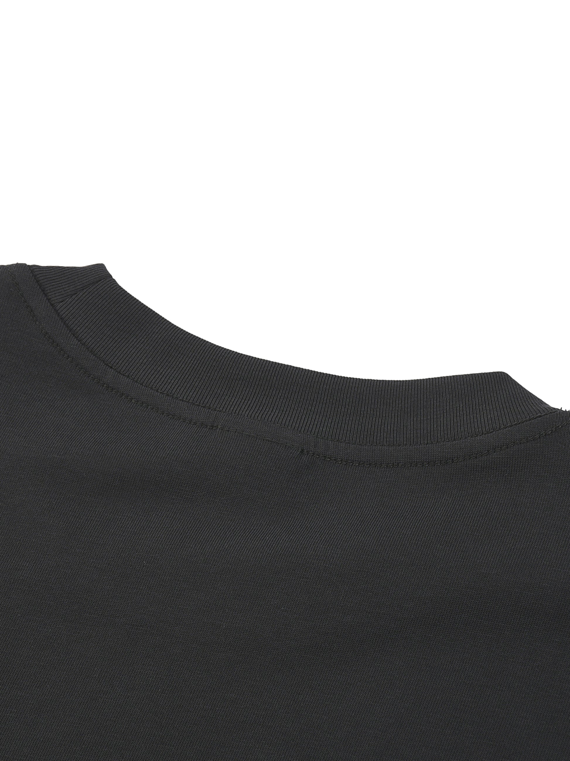Close-up of a black t-shirt collar on a white background. 