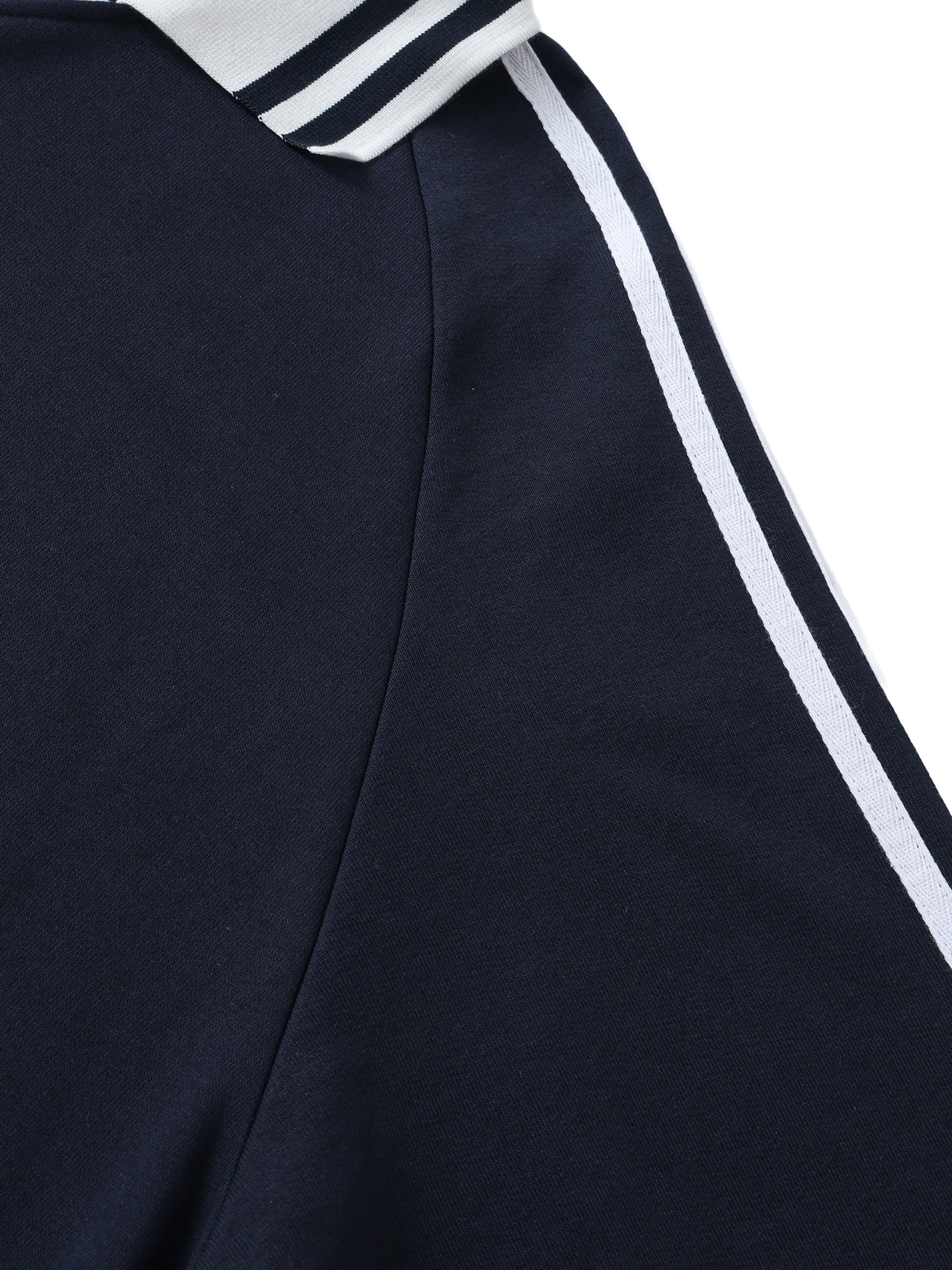 Navy blue sweater with white stripes on a white background