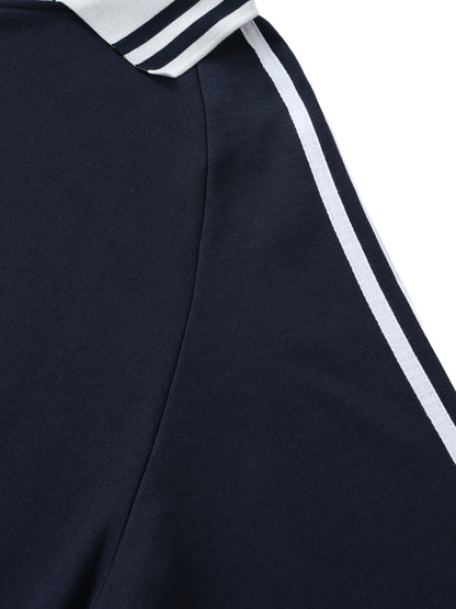Navy blue sweater with white stripes on a white background