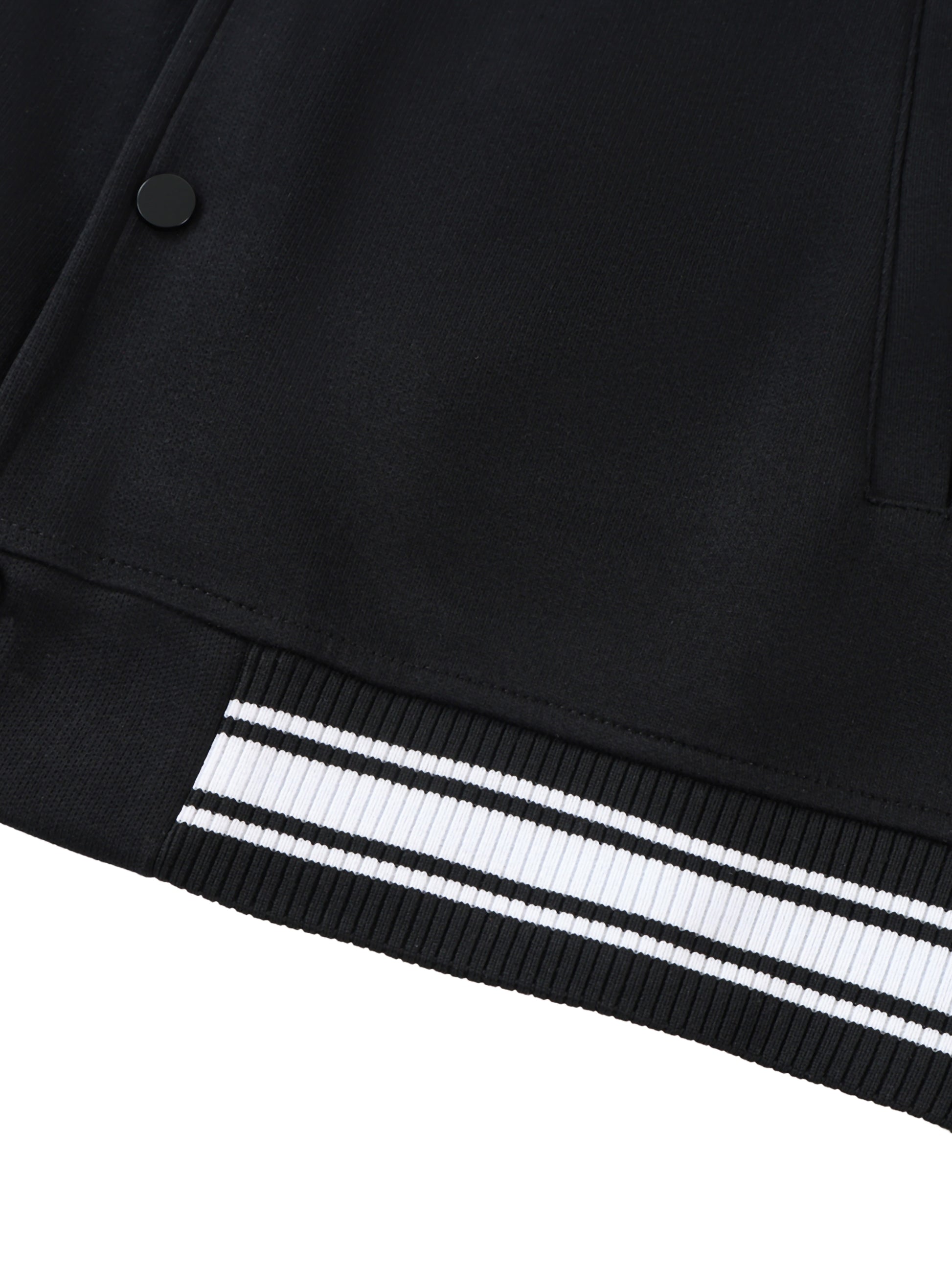 Close-up of VERON black jacket with white stripes on a white background