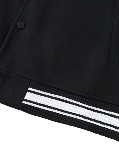 Close-up of VERON black jacket with white stripes on a white background