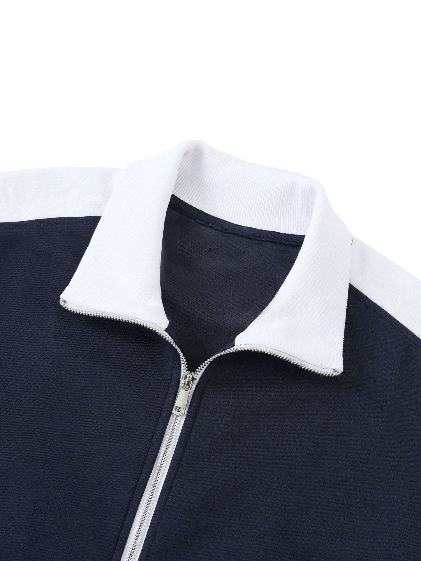 VERON Navy jacket with white collar and zipper on a white background