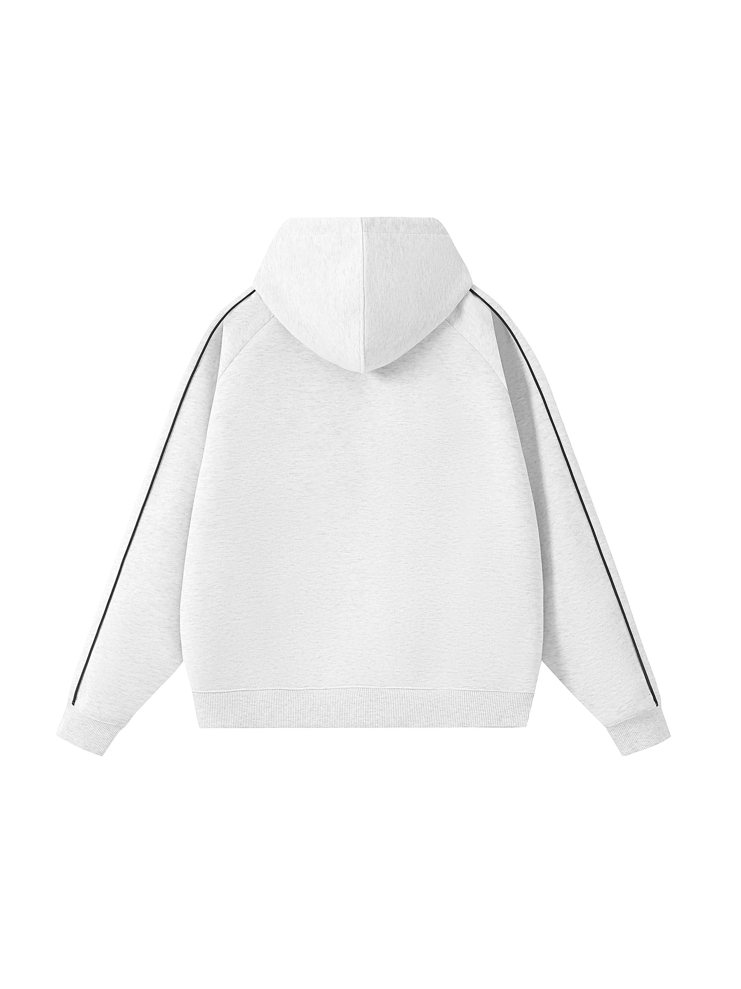 White hoodie with black stripes on sleeves on a white background