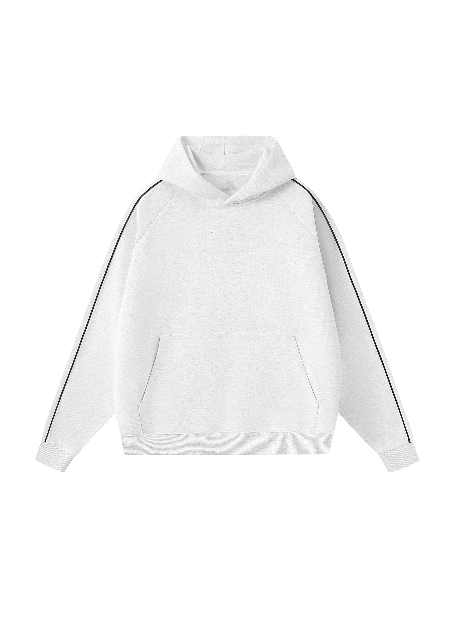 White hoodie with black stripes on sleeves on a white background