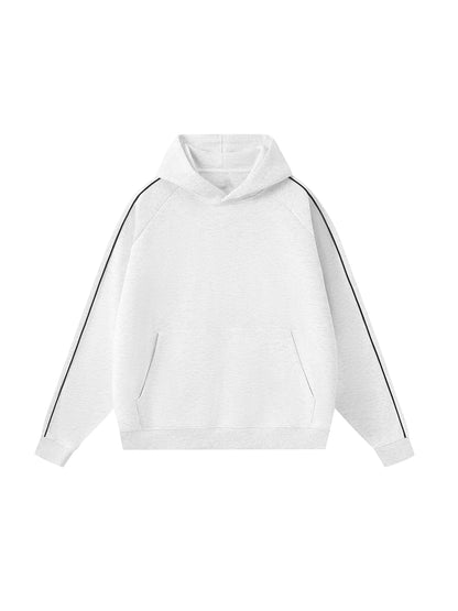 White hoodie with black stripes on sleeves on a white background