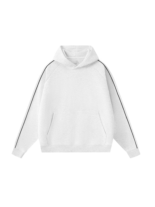 White hoodie with black stripes on sleeves on a white background